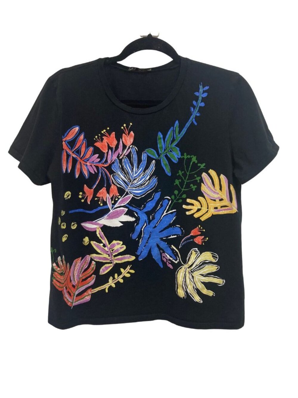 ZARA Black T Shirt with Silk Screened Colorful Floral Print Short Sleeved Size L